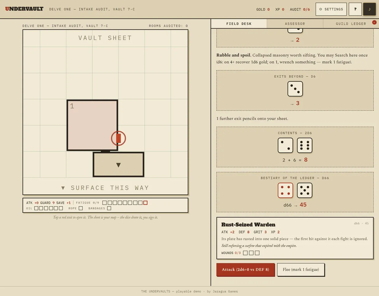 The demo in play — the vault sheet on the left with a drawn room, the field desk on the right resolving a d66 bestiary roll into a monster called the Rust-Seized Warden, with Attack and Flee options