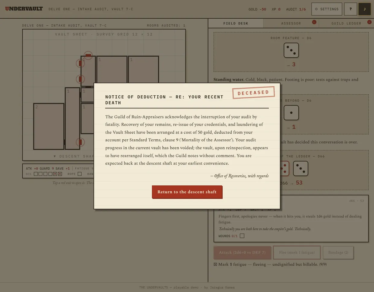 A Notice of Deduction letter from the Office of Recoveries, stamped DECEASED, billing the player 50 gold deducted from their account for their recent death